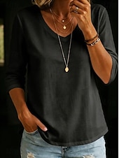  Mujer Camiseta Color sólido Elegante Clásico Manga 3/4 Escote en Pico Tops largos Casual Azul Piscina Negro Blanco Verde Claro Rosa Verano Primavera