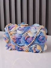 billige Aftenvesker-Elegant dameclutch med blomstermotiv, 3D-blomster og gullkjede, sofistikert håndveske til bryllup, cocktail og spesielle anledninger for damer.
