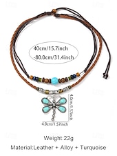 tanie Naszyjnik damski-Damski naszyjnik w stylu boho z wisiorkiem w kształcie ważki, dwuwarstwowy choker ze skóry ze stopu metali, z turkusowymi koralikami, idealny na wakacje na plaży, letnie podróże i codzienne, codzienne