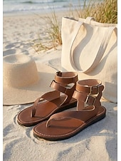 cheap Women-Women's Retro Leather Strappy Sandals - Casual Thong Flat Gladiators with Adjustable Ankle Buckle Straps for Island Vacation, Beach &amp; Cruise