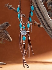 cheap Women's Necklace-Women's Bohemian Alloy Turquoise Tassel Necklace, Statement Fringe Pendant Jewelry for Music Festival, Beach Vacation, Daily Casual Wear