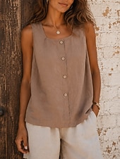 preiswerte Einfacher Tank-Damen Weste aus Baumwollleinen Knöpfe Einfarbig Vintage Ärmellos Normale Oberteile Lässig Blau Gelb Braun Sommer Frühling