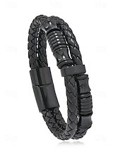 abordables Bijoux pour hommes-cuir synthétique à fermeture magnétique pour homme &amp;Bracelet en acier inoxydable noir, résistant et élégant, idéal pour offrir, pour les vacances à la plage ou au quotidien.