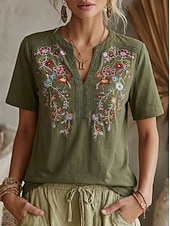 abordables Hauts en dentelle-Femmes Chemisier Hauts en dentelle Chemises brodées Dentelle Broderie Fleuri ancien Boho Manche Courte Col en V Hauts Réguliers Occasionnel Fête Été Noir Vert Véronèse bleu marine Violet Marron Ét