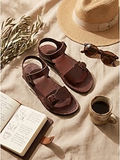 economico Sandali Piani-Sandali piatti da donna in pelle marrone con cinturino regolabile alla caviglia - classici sandali estivi con doppia fibbia per passeggiate e viaggi informali