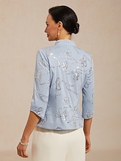 billiga Blusdräkter för kvinnor-Dam Jakke Dressiga toppar Tvillingset Paljetter Blommig Elegant 3/4 ärm Kraghalsband Vanliga toppar Festkvällskläder Högtidskläder Cocktailklädsel Dammig blå Sommar Vår Höst