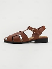 cheap Gladiator Sandals-Women's Brown Woven Closed-Toe Gladiator Sandals - Fisherman Sandals with Adjustable Buckle, Casual Summer Flat Sandals for Everyday Wear and Vacation