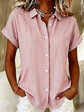 voordelige Strepen- en Geometrische Blouses-Dames Overhemd Knop Afdrukken Grafisch Gestreept Vintage Dagelijks Stijlvol Korte mouw Overhemdkraag Normale tops Casual Dagelijks blauw Zwart Rood Groen Zomer Lente