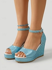 cheap Wedge Sandals-Women's Sky Blue Glitter Wedge Sandals - Sparkly Open Toe Platform Heels with Ankle Strap for Island Vacation, Beach Resort Wear &amp; Summer Party