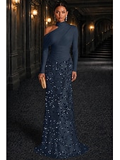 economico Abiti da sera a tubino-Tubino Colonna Lunghezza al pavimento Abito da Sera Abito formale Elegante Scintillante Brillanti Manica Lunga Collo Alto Matrimonio Formale Pizzo Raso Elasticizzato con Pieghe Perline ricamate