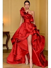 preiswerte Empire-Waist-Abendkleider-A-Linie Asymmetrisch Abiballkleider Abendkleid Ballkleid Festliche Kleidung Elegant Hoher Schlitz Ärmellos Ein-Schulter Hochzeit Formell Satin mit Rüschen Schlitz