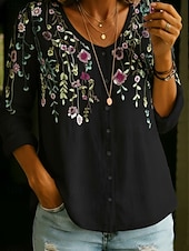 cheap Floral Blouses-Women's Shirt Buttons Print Floral Graphic Vintage Daily Stylish Long Sleeve V Neck Regular Tops Casual Daily Blue Black White Yellow Pink Summer Spring