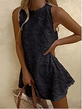 preiswerte Weiße Spitzenkleider-Damen Minikleid Spitzenkleid Weißes Kleid Urlaub Lässig Strand Strand Ferien Normale Passform Blumen Grafik Ärmellos Rundhalsausschnitt Blau Schwarz Weiß Rosa Sommer Frühling