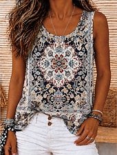  Women's Cold Shoulder Tops Bohemia Vintage Tropical Sleeveless Crew Neck Round Neck Long Tops Casual Black 1# Black 2# Red Summer Spring