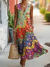 voordelige Afdrukken Bloemen Jurken-Dames Halflange jurk A lijn jurk Elegant Bohemen Etnisch Strand Feestdagen Normale pasvorm Bloemig Grafisch Mouwloos V-hals blauw Rood Paars Zomer Lente