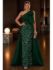 economico Abiti da Sera a Linea A-Linea ad A Lunghezza al pavimento Abito da Sera Abito formale Elegante Brillanti Floreale Senza Maniche Monospalla Festa in giardino Matrimonio Raso Tulle con Fiocco/Fiocchi Perline ricamate