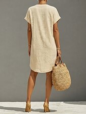economico Vestiti-Per donna Abito al ginocchio Abiti di lino Vintage Quotidiano Taglia piccola Semplice Manica Corta Scollo a V Cachi Rosso Arancione Estate