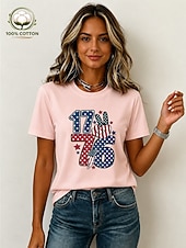  Amerikansk uavhengighetsdag Dame 100% قطن T skjorte Trykt mønster Grafisk Amerikansk flagg Årgang Stilfull Fritid Kortermet Crew-hals Vanlige topper Avslappet Daglig Helg Lys beige Svart Hvit Rosa