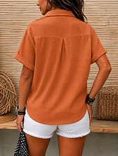 cheap Shirts-Women's Vintage Sand Wash 100% Cotton Texture Pocket Solid Color Plain Short Sleeve Regular Tops Casual White Orange Light Blue Summer