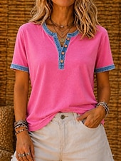  Per donna Cotone lavato 100% cotone Patchwork Bottoni Vintage Manica Corta Girocollo Top Regolari Blu Rosa Estate Primavera