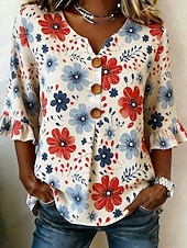  día de la independencia americana Mujer Camisa camisa boho Camisa casual Graphic Bandera Elegante Bohemia Vacaciones Manga 3/4 Escote en Pico Tops regulares Casual Blanco y rojo Patrón blanco Rojo