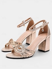baratos Sandálias de salto-Women's Metallic Champagne Gold Braided Block Heel Sandals with Rhinestone Charm - Shimmering Footwear for Cocktail Parties