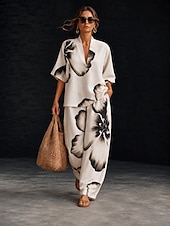 cheap Women's Blouse Suits-Women's Shirt Cotton Linen Sets Pants Sets Short Sleeve Half Sleeve V Neck Floral Graphic Geometric Print Vacation Fashion Streetwear Casual Daily Outdoor Black White Ivory Spring &amp; Summer Loose Fit