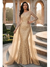 abordables Vestidos de gala-Corte Trompeta Sirena Hasta el Suelo Vestidos de noche Vestido de baile con sobrefalda Vestimenta formal Elegante Manga Larga Cuello Barco Fiesta de baile Fiesta de Noche Tul con Lentejuela