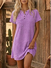 cheap Western Boho Dress-Women's 100% Cotton T Shirt Dress Boho Dress Western Dress Vintage Washed Dress Loose Fit Plain Short Sleeve Crew Neck Knee Length Dress