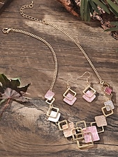 cheap Women's Necklace-Women's Bohemian Geometric Square Jewelry Set, Gold Alloy Enamel Necklace &amp; Drop Earrings, Colorful Modern Statement Accessories for Vacation, Travel and Daily Casual Wear