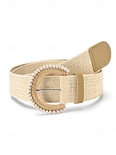 cheap Women's Belt-Women's Boho Straw Woven Belt, Wide Raffia Waist Belt with Beaded Buckle, Casual Cinch Belt for Summer Beach Vacation &amp; Daily Wear, Khaki/Beige