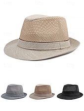 baratos Chapéus Masculinos-Chapéu fedora masculino em poliéster respirável com tela – multicolorido, leve e perfeito para o verão, férias na praia, uso casual diário e atividades ao ar livre.