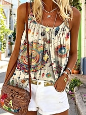 abordables Grafisk tank-Women's Camisole Tank Top Print Graphic Geometric Bohemia Vintage Fashion Sleeveless Straps Regular Tops Casual Daily Beige Summer Spring
