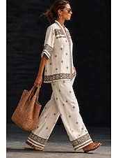  Per donna Camicia Set di biancheria in cotone Set di Pantaloni Manica Corta Scollo a V Floreale Grafico Geometrico Stampato Vacanza Moda Streetwear Casuale Quotidiano All'aperto Bianco Primavera