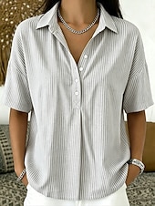 baratos Blusas listradas e geométricas-Mulheres Camisa Social Botões Imprimir Gráfico Geométrica Listrado Vintage Diário à moda Manga Curta Aberto para a Lateral Tops longos Casual Diário Feriado Azul Rosa Cinzento Verão Primavera
