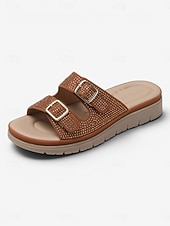 baratos Sandálias Confortáveis-Sandálias femininas marrons com fivela dupla e strass – chinelos de verão brilhantes e confortáveis com palmilha macia e acolchoada para pés inchados, ideais para férias. &amp;roupa casual para o dia a