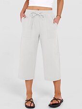 abordables jambe large et taille haute-Femmes Coton Pantalon capri Pantalons à jambes droites Mode Streetwear Occasionnel Longueur mollet Taille haute Uni Avec Poches Ceinture Élastique Confortable Doux Élastique Extérieur Vacances Rue