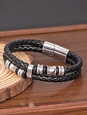 abordables Bijoux pour hommes-cuir synthétique à fermeture magnétique pour homme &amp;Bracelet en acier inoxydable noir, résistant et élégant, idéal pour offrir, pour les vacances à la plage ou au quotidien.