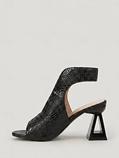 cheap Heeled Sandals-Women's Black Open Toe Sandals - Modern Faux Snake Texture Block High Heels with Clear PVC Panel for Office Work, Daily Commute &amp; Business Casual