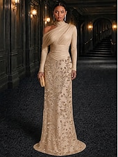 economico Abiti da sera a tubino-Tubino Colonna Lunghezza al pavimento Abito da Sera Abito formale Elegante Scintillante Brillanti Manica Lunga Collo Alto Matrimonio Formale Pizzo Raso Elasticizzato con Pieghe Perline ricamate