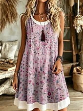 ieftine rochie florală-Pentru femei Rochii Lungime Genunchi Rochie de Vară Rochie A line Vacanță Casual Boho Fit regulat Floral Grafic Fără manșon În U Roz Îmbujorat Mov Vară Primăvară