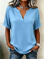 abordables Blusas Sencillas-Mujer Blusa Color sólido Vintage Elegante Básico Manga Corta Escote en Pico Tops regulares Casual Diario Blanco Rosa Rojo Morado Verano Primavera
