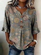  Per donna Camicia Camicia Boho Camicia casual Floreale Grafico Elegante Bohemien Attivo Manica 3/4 Scollo a V Top lunghi Casuale Stampa bianca Verde salvia Verde scuro Azzurro Estate Primavera