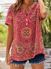 billige Kunst og Design Bluser-Dame Skjorte Knapper Trykt mønster Grafisk Geometri Stilfull Klassisk Fritid Kortermet V-hals Lange topper Avslappet Daglig Ut på byen Blå Rød Oransje Sommer Vår
