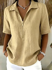  Dámské Halenka Košile z imitace lnu Zip Knoflíky Pevná barva Denní stylové Na běžné nošení Krátký rukáv Polo límec Běžné topy Ležérní Denní Vodní modrá Černá Bílá Žlutá Khaki Léto Jaro