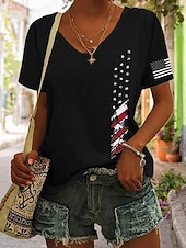  Jour de l'Indépendance Américaine Femmes T-shirt Imprimé Graphique Lettre Drapeau Américain ancien Élégant Classique Manche Courte Col en V Hauts Réguliers Occasionnel Quotidien Bleu Noir Rouge Ét