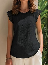 cheap Plain tee-Women's Eyelet Embroidery T Shirts Tee Top Lace Trims Elegant Stylish Short Sleeve Cap Sleeve Crew Neck Long Tops Casual Going out Vacation Wear Teal Black White Pink Sky Blue Summer Spring