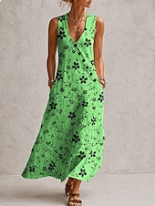 abordables Vestidos florales-Mujer Vestido largo maxi Vestido de verano Vestido informal Vestido de una línea Elegante Vacaciones Fluido Playa Festivos Holgado Floral Graphic Sin Mangas Escote en Pico Azul Piscina Rosa Morado