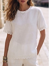cheap Plain tee-Women's Tee Top Lace Trims Solid Color Elegant Stylish Ethnic Short Sleeve Crew Neck Regular Tops Casual Daily Going out White Summer Spring