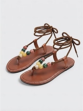 abordables Vrouwen-Women's Boho Lace-Up Sandals - Stylish Brown Flat Gladiator Sandals with Colorful Beads &amp; T-Strap for Outdoor Vacations, Tropical Beach Travel &amp; Summer Festivals